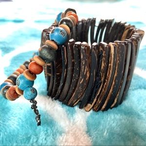 2 BRACELETS: Bohemian tribal wood & good luck bead